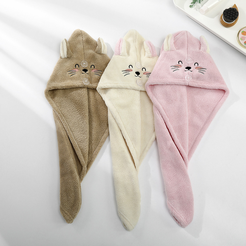 Z dry hair hat manufacturers direct supply polyester brocade coral fleece dry hair hat women absorbent cute cartoon embroidery wholesale
