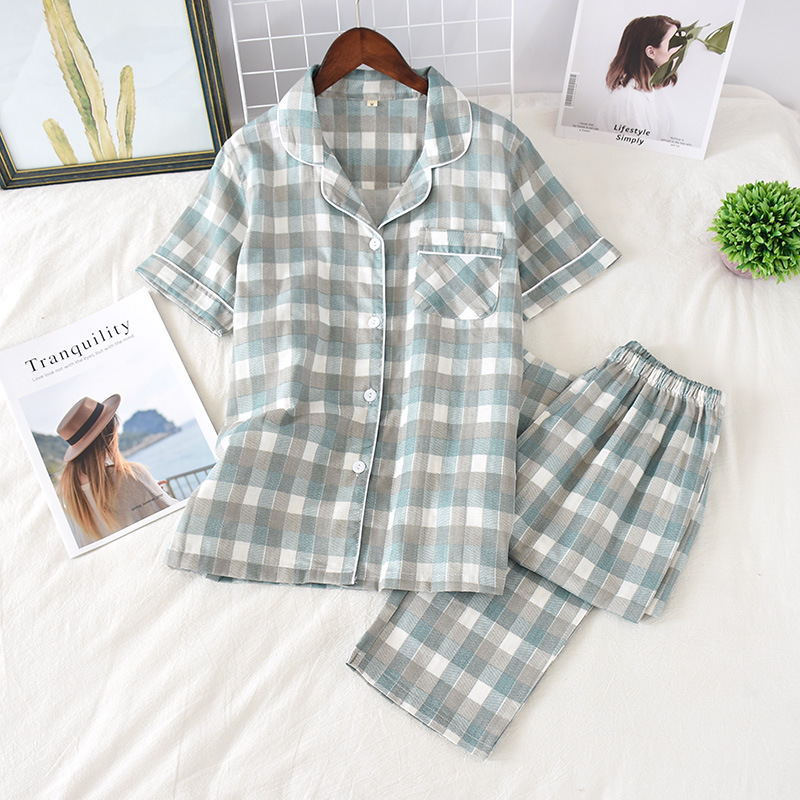 Spring Summer Autumn Men's and Women's Double Gauze Home Clothes Couple's Japanese Style Cotton Pajamas Short-sleeved Trousers Casual Suit_voghion.com