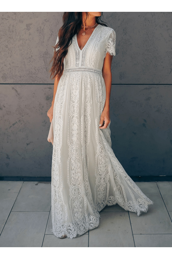 2020 Summer new European and American foreign trade Women's Amazon V-neck short sleeve hollow sexy lace lace dress