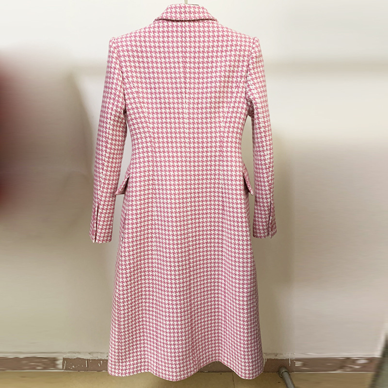 Spot European and American quality sharp 2024 autumn and winter suit collar slim pink houndstooth wool coat coat_voghion.com