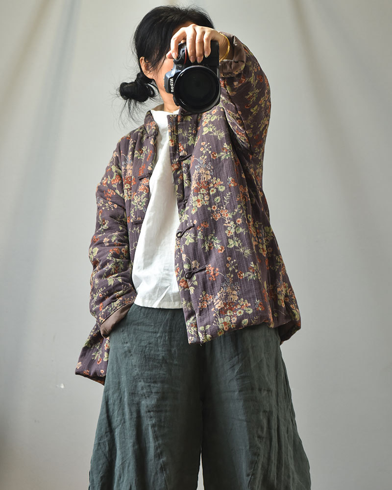Naran/original plus size cotton and linen women's clothing Chinese cardigan stand collar casual cotton-padded clothes vintage printed warm cotton-padd_voghion.com