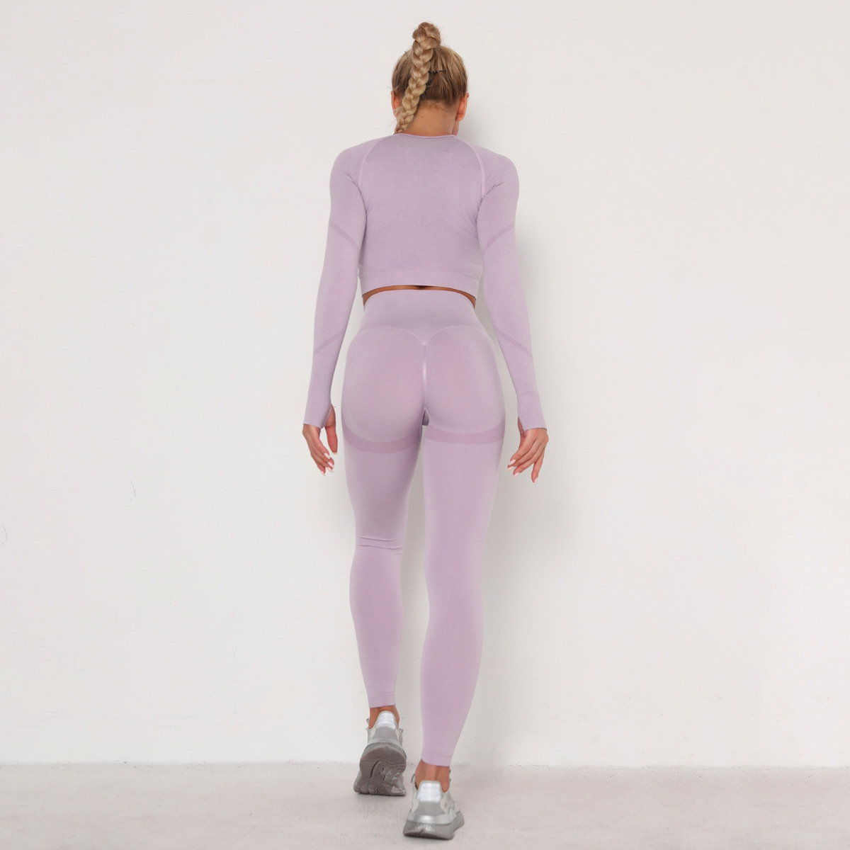 European and American Pleated Seamless Yoga Suit Women's High Waist Peach Tight Sports Long Sleeve Fitness Yoga Pants Two-piece Set