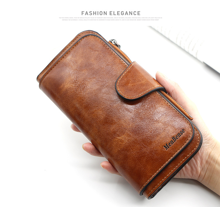 Stilvolle lange Geldbörse für Damen, einfaches Ölwachsleder, einfarbig, Münzgeldbörse, Clutch für Damen_voghion.com