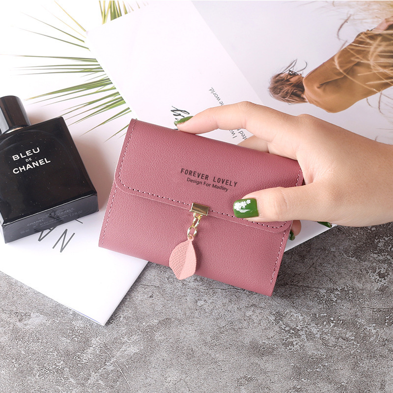 New small wallet female short student Korean fashion small fresh leaf three fold buckle coin purse card bag wholesale