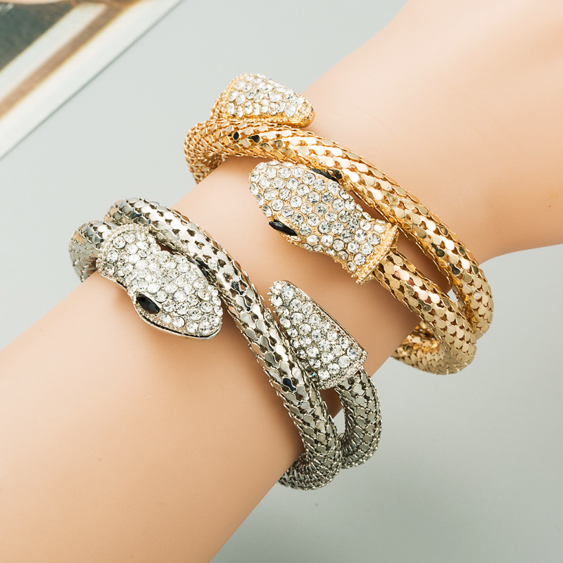 European and American New Style Personality Exaggerated Punk Style Snake-shaped Wrap Bracelet for Men and Women Alloy Rhinestone Vintage Bracelet Jewelry