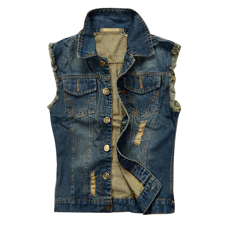 Large Size Korean Style Youth Fashionable Men's Denim Vest Men's Vest Waistcoat Foreign Trade Hole Casual Vest