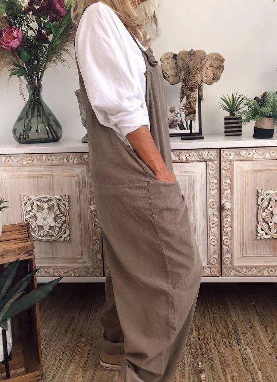 Ebay2023 Summer New Solid Color Casual Retro Pocket Sleeveless Cotton Linen Jumpsuit with Adjustable Lace