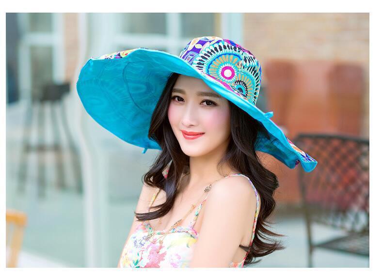 Hat Women's Summer Outdoor Sunscreen Big Rim Hat Bow Ribbon Foldable Double-Sided Beach Sun Hat
