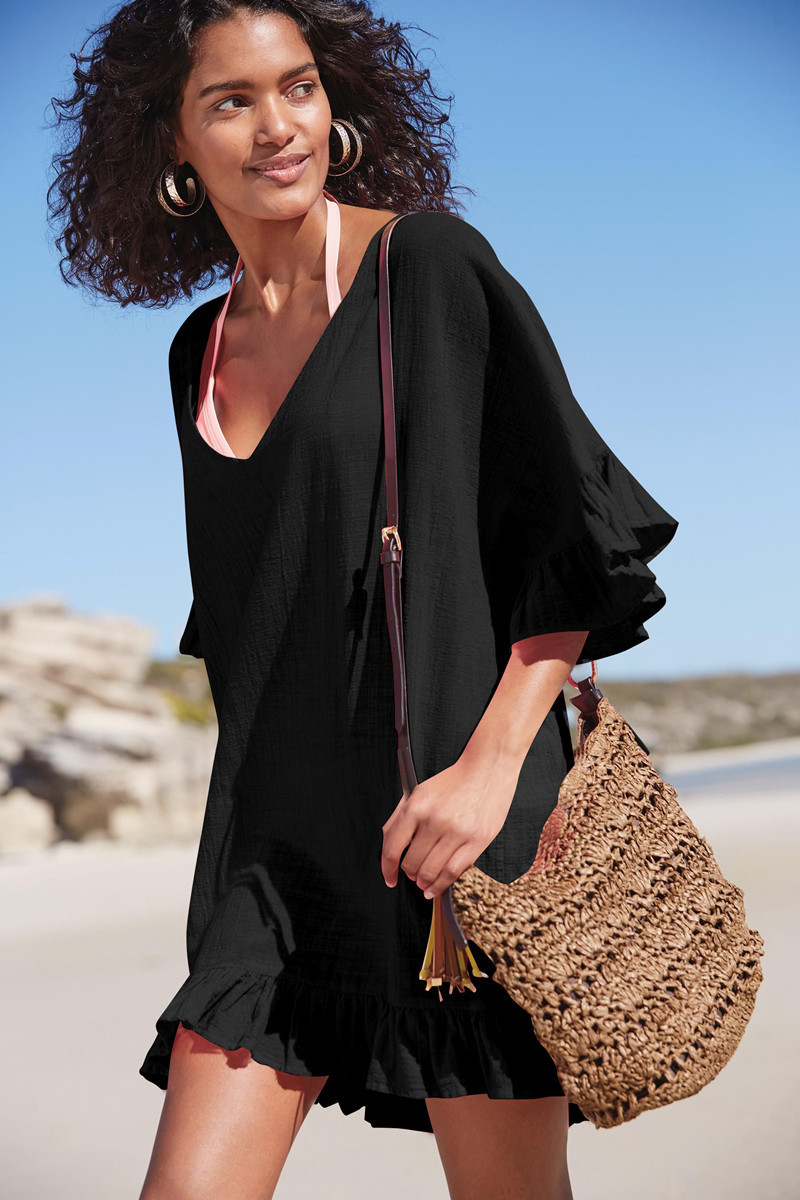 ins Explosive European and American Slub Cotton Strap Ruffled Bikini Beach Blouse Sun Protection Clothing