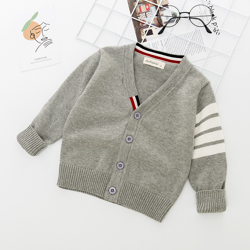 isn children's clothing 19 autumn and winter European and American children's striped knitted sweater long sleeve V-neck cardigan knitted sweater pure cotton
