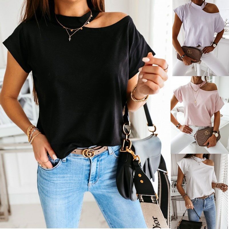 ebay AliExpress wish summer simple solid color halterneck short-sleeved splicing irregular T-shirt tops for women