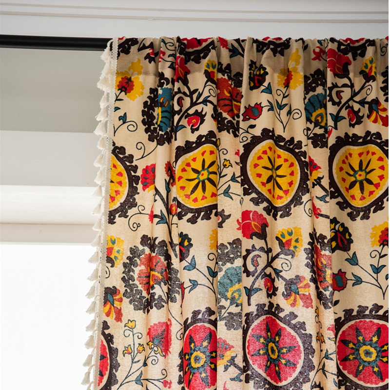Export Hot Selling Sunflower Bohemian Ethnic Style Cotton and Linen Curtain Hotel Homestay Retro Finished Curtain Fabric 