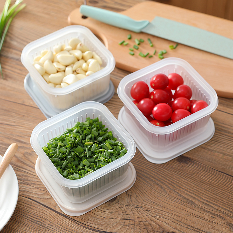 Scallion and Ginger Slices Preservation Box with Lid Drain Storage Box Refrigerator Fruit and Vegetable Storage Box Kitchen Square Sealed Jar
