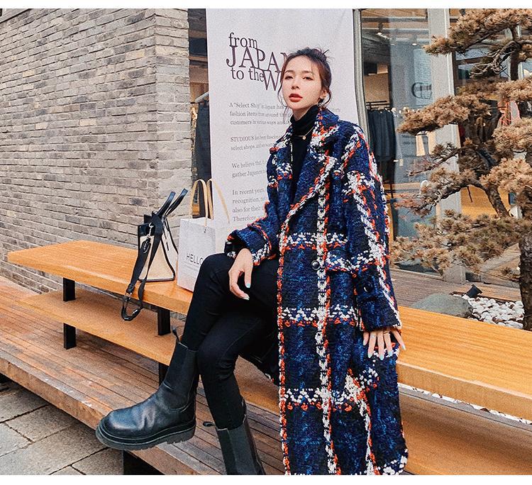 Real Shot Ins Small Style Kontrastfarbe Plaid Eleganter Anzugkragen Lockerer gerader Schlauch Mittellanger grober Wollmantel für Damen_voghion.com