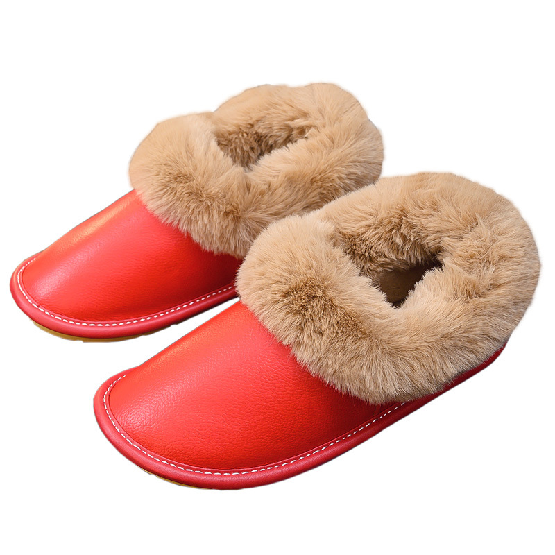 Full-bag leather cotton slippers with heel winter cowhide for the elderly home indoor anti-slip velvet warm cotton shoes