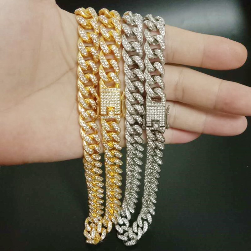 European and American hip hop Cuban chain rhinestone 12.5mm bracelet men's gold chain temperament necklace fashion jewelry factory wholesale