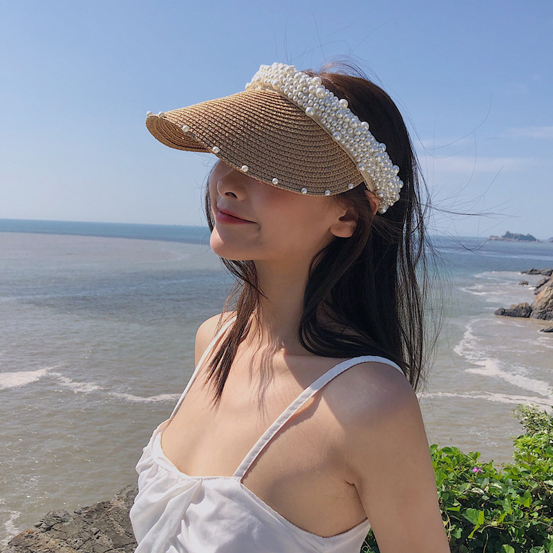 Straw Hat Women's Summer Handmade Pearl Beach Grass Empty Hat Women's Sunshade Sun Hat Korean Style Internet Celebrity Cap