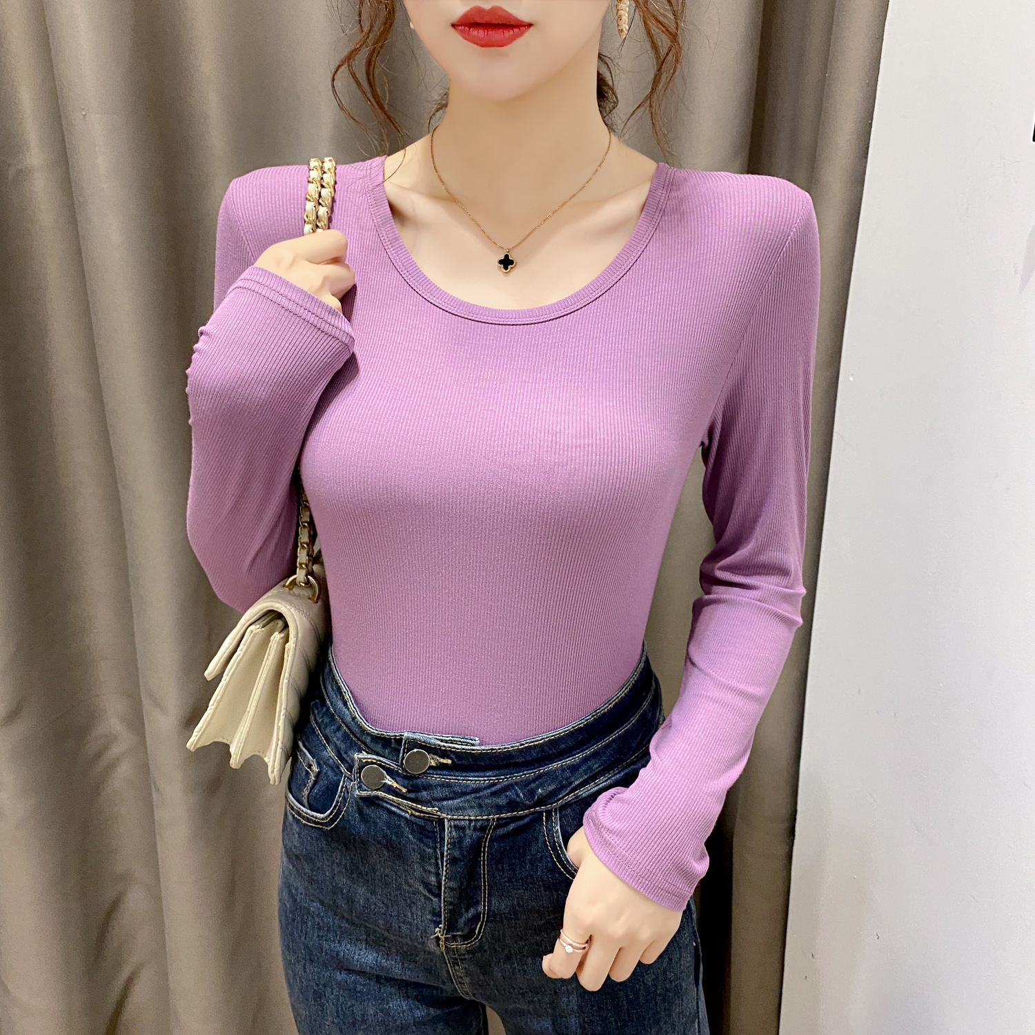 Autumn Women's New Modal Long-sleeved Round Neck T-shirt Women's Korean-style Solid Color Slim-fit All-match Women's Top Base Shirt