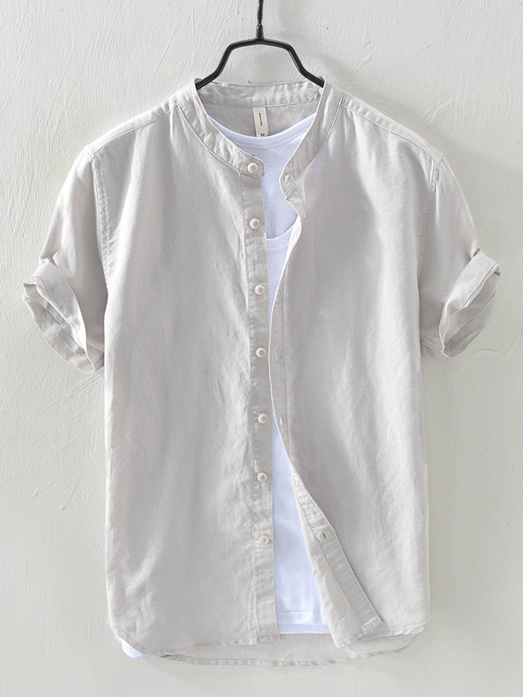 2020 new European and American ebay popular cotton and linen short-sleeved men's solid color stand collar single-breasted casual shirt men's clothing