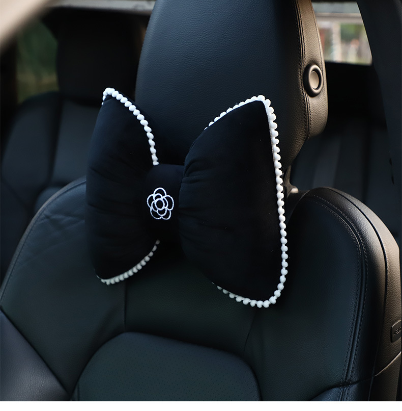 Pernă de gât pentru tetiera auto cu fundă Camellia, pernă de iarnă din pluș pentru spătarul scaunului auto_voghion.com