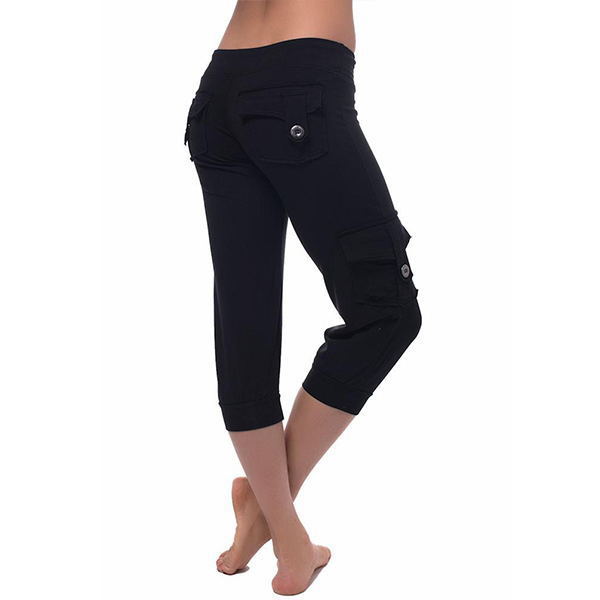 2019 European and American elastic waist button pocket yoga cropped pants