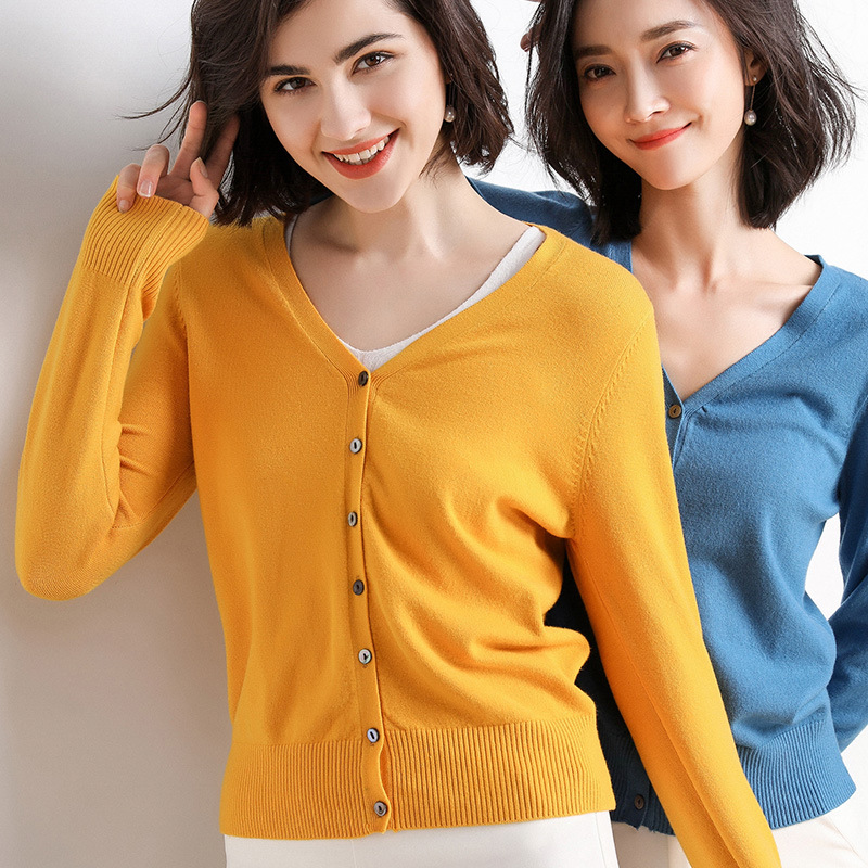 Women's 2023 Spring and Autumn New Korean version of the V-neck sweater coat long sleeve stretch velvet cardigan sweater wholesale