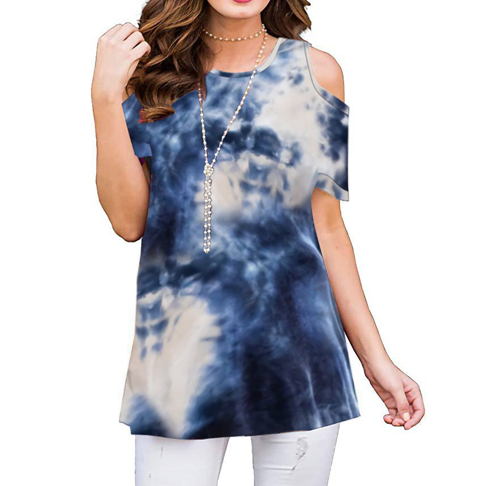 2023 Summer Amazon New Printed Off-shoulder Short-sleeved Pullover Women's Casual Base Shirt Top T-shirt 25 Color