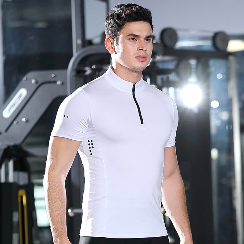 2023 New Fitness Clothes Men's High Collar Zipper Tight Quick-drying Sports T-shirt Outdoor Casual Running Polo Shirt