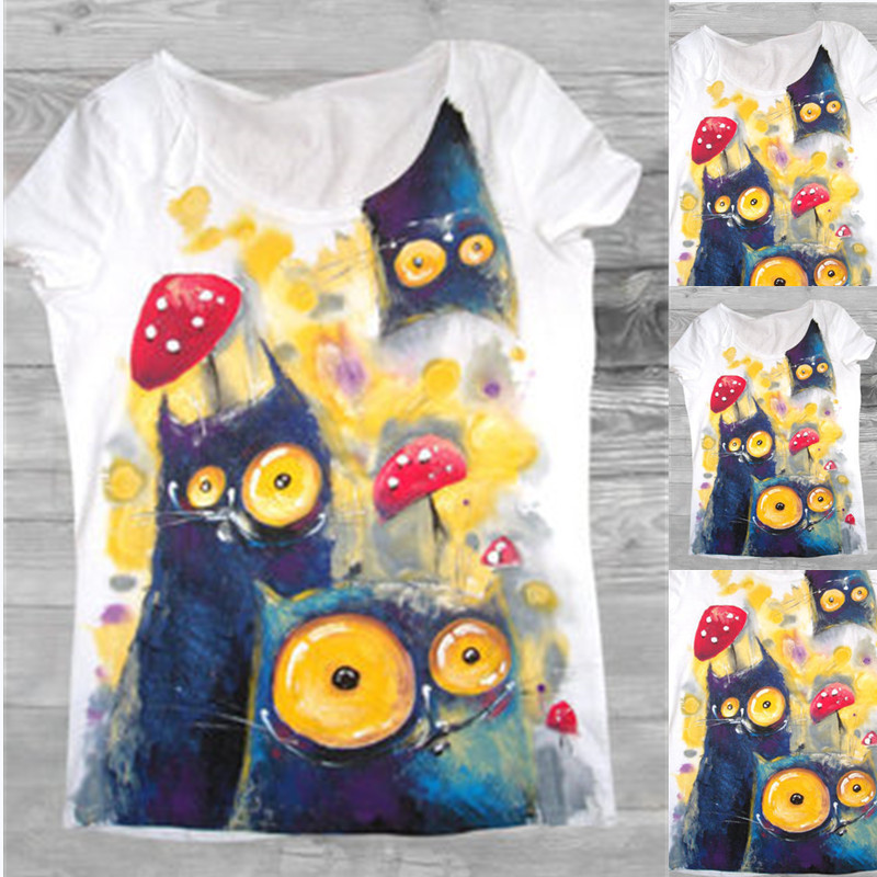 Spot 2022 Summer New Top Amazon Explosions European and American Hot Selling Fashion Big Eye Cat Printed T-shirt for Women