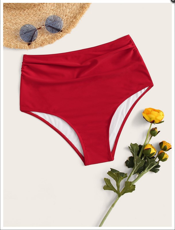 Cross-border popular 2023 European and American bikini swimsuit bikini I solid color high waist pleated belly contracting women's hot spring swimming trunks