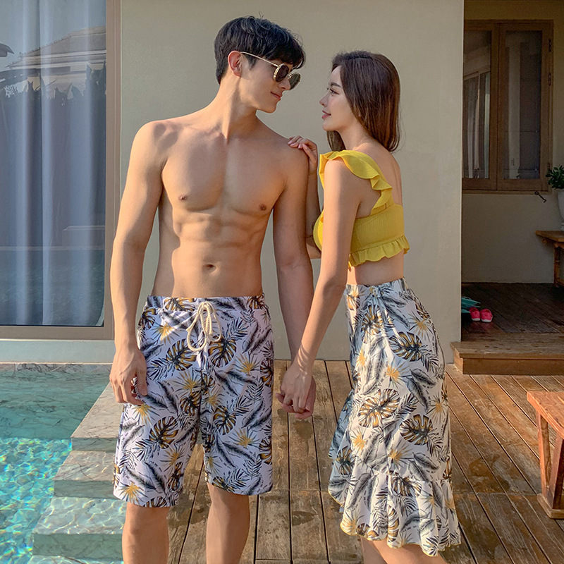 INS Style New Sexy Lace Fashion Printed Lovers Split Skirt Swimsuit Women's Three-Piece Beach Pants for Men