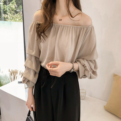 Spring and Summer New Korean Style Open Shoulder Loose Chiffon Shirt with One Character Collar Mastery Design Sense Long Sleeve Top Shirt Women's Clothing