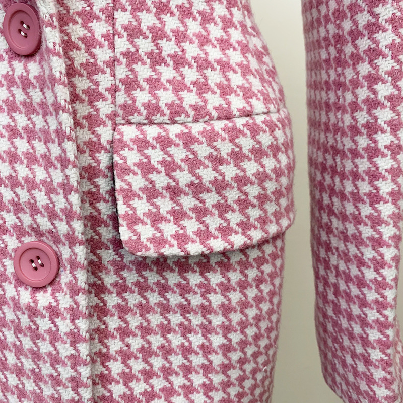 Spot European and American quality sharp 2024 autumn and winter suit collar slim pink houndstooth wool coat coat_voghion.com
