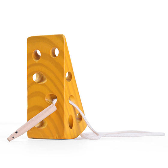 Early childhood education children wearing rope toy mouse cheese wooden baby educational pull string threading toy game wholesale