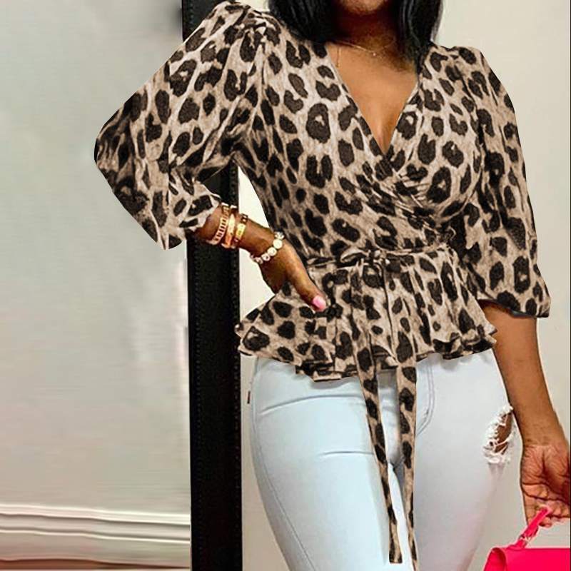 2024 cross-border wish European and American ebay Amazon large size V-neck long-sleeved loose leopard print tops women's clothing now