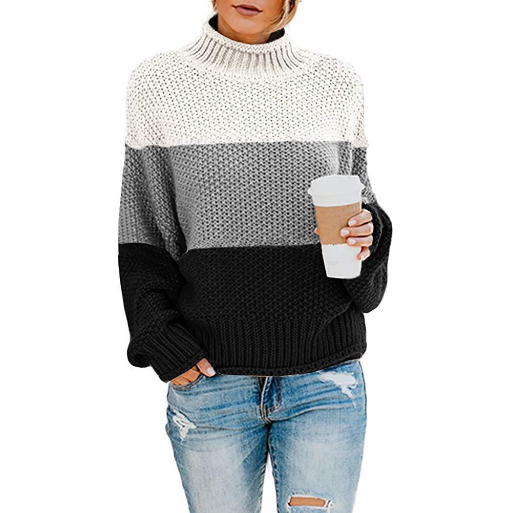 2024 cross-border wish autumn and winter new sweater sweater foreign trade women's Amazon thick line color matching high collar pullover