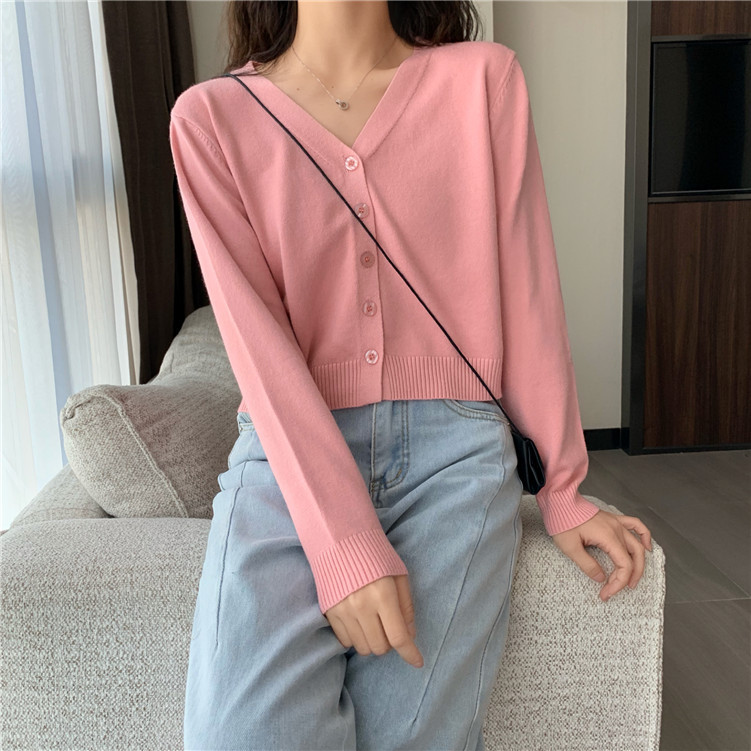 Knitted Sweater Women's Korean Style Solid Color Coat Short Cardigan V-Neck Long Sleeve Sweater Small Simple for Students