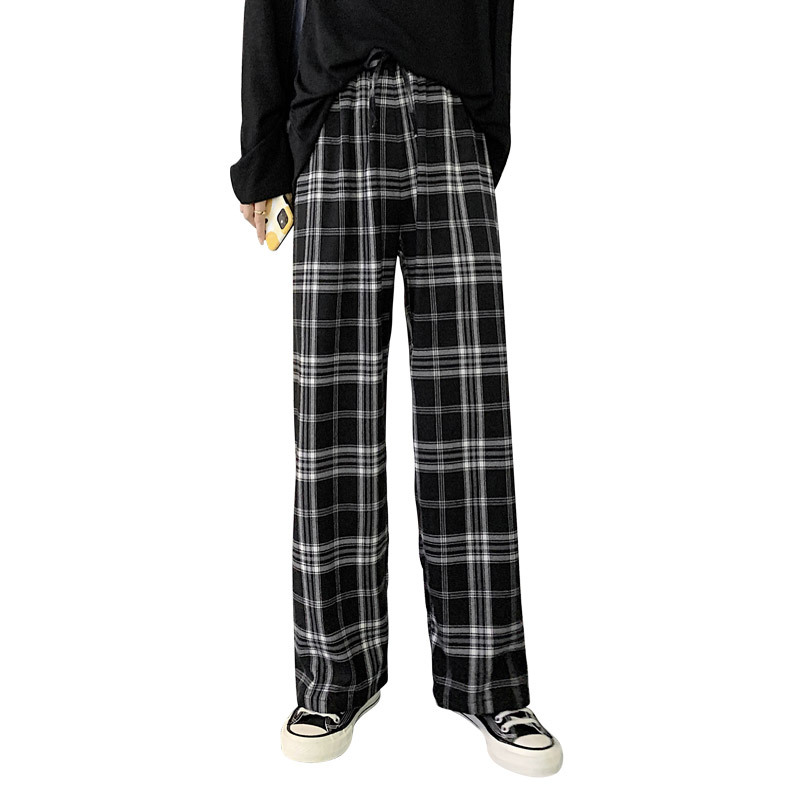 Black and White Plaid Pants Women's Spring and Autumn New High Waist Loose Straight Tube Draping Internet Popular Casual Floor Mopping Pants Wide Leg Pants