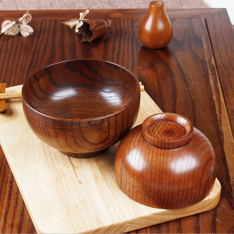 Source manufacturers Ziziphus spinosae Wood old lacquer mask bowl children's heat insulation wooden bowl retro Japanese style old lacquer wooden bowl