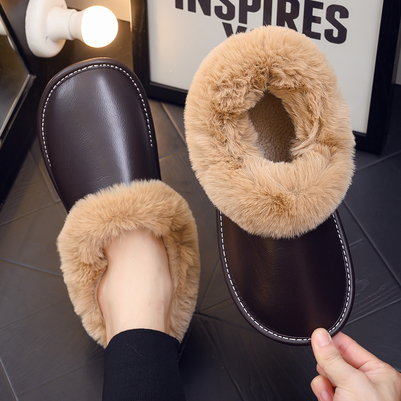 Full-bag leather cotton slippers with heel winter cowhide for the elderly home indoor anti-slip velvet warm cotton shoes