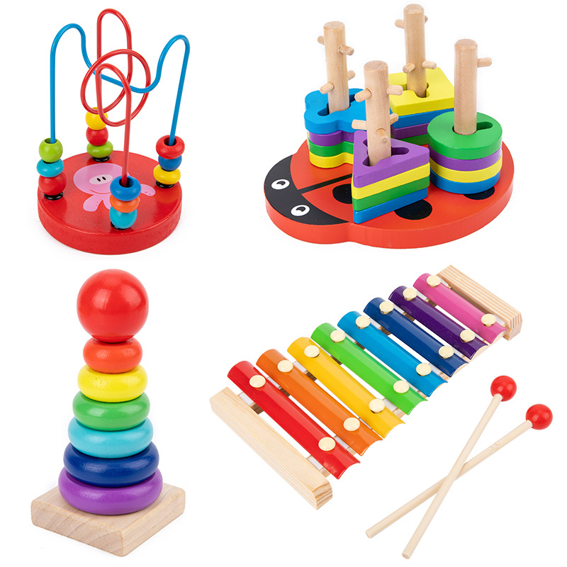 Babies and Young Children's Eight-tone Hand-harp Beaded Beads Twisted Worm Rainbow Tower Fishing Early Education Beneficial Intelligence Wooden Toys