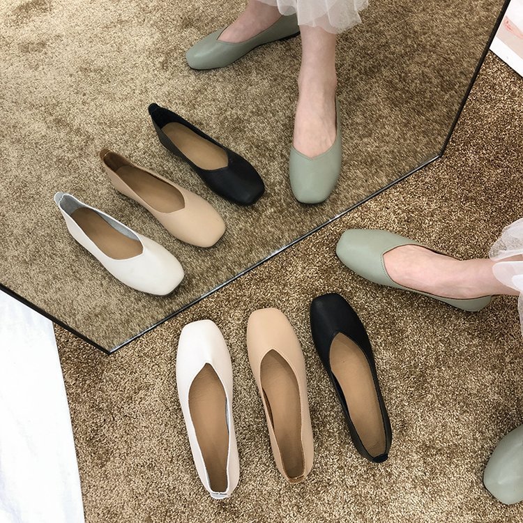 Baotou Square Toe Shoes Women's Shallow Mouth Soft-soled Comfortable Flat-soled Beans Shoes Flat Half-drag One-step Lazy Shoes Spring and Autumn