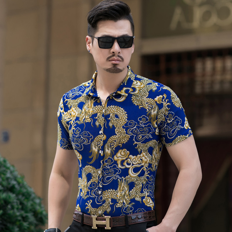 Summer Dragon Print Men's Shirt Short-sleeved Middle-aged Dad Grandpa Retro Shirt Thin Casual Men's Foreign Trade