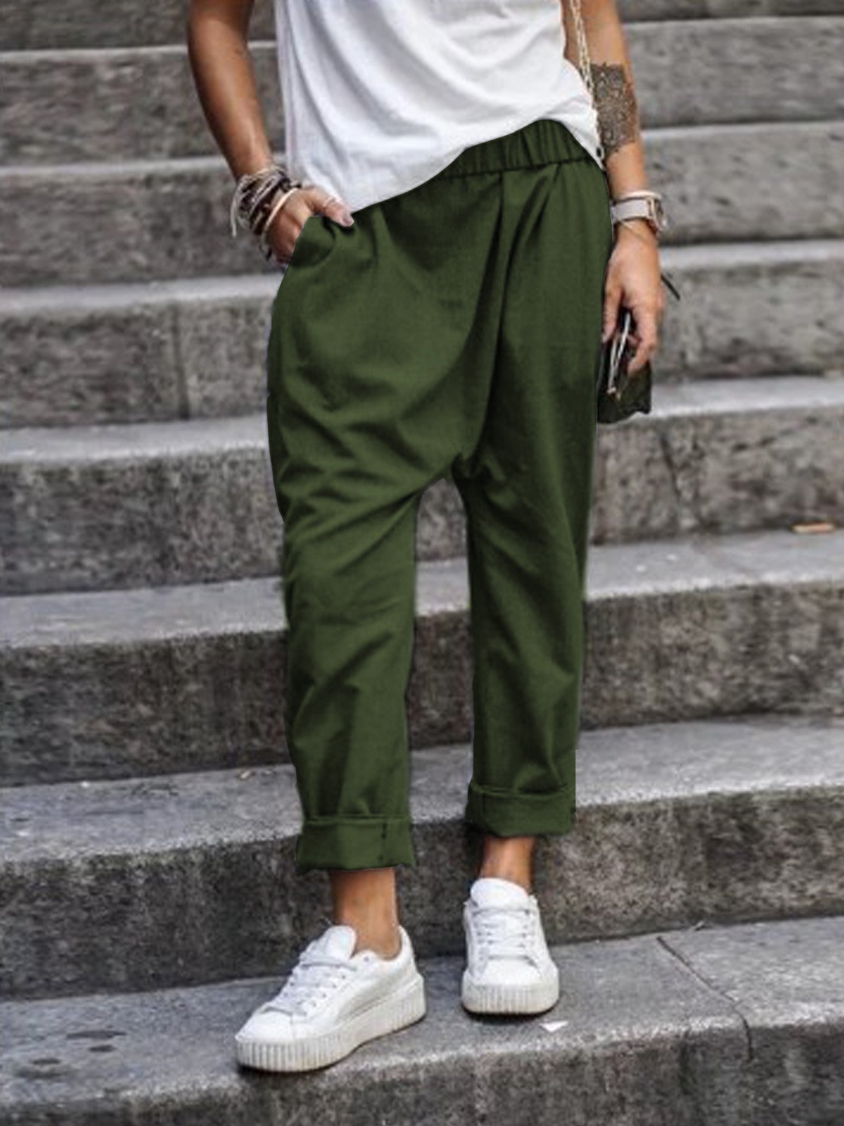Cross-border supply AliExpress new hot solid color casual elastic high waist Harlan trousers factory direct sales