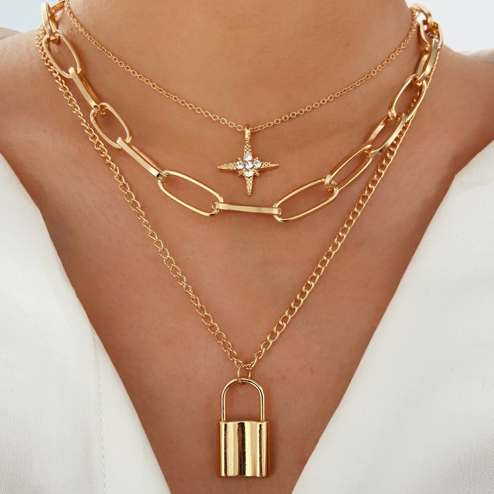 multi-layer necklace women's creative retro simple eight Mans star lock pendant thick chain necklace_voghion.com