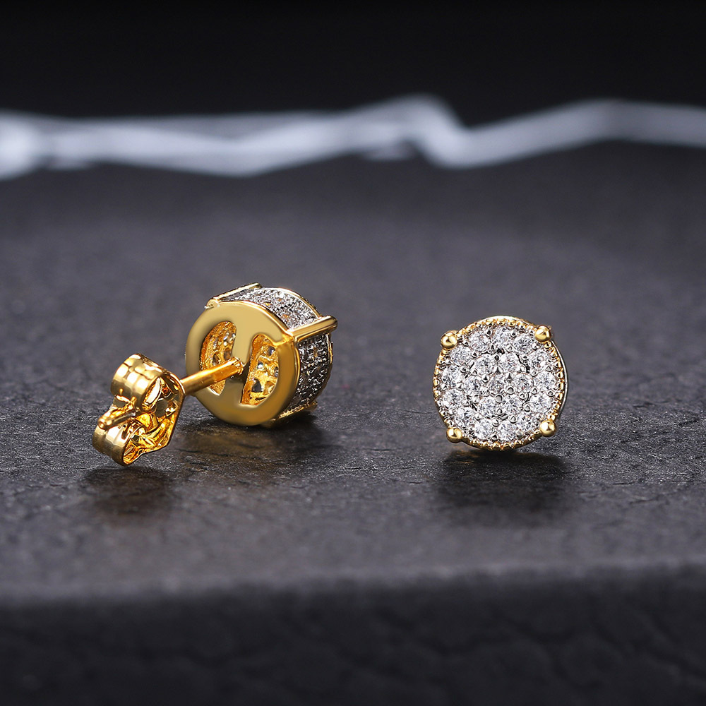 Europe and the United States explosions full diamond hip-hop men's earrings zircon micro inlay color separation plating round earrings Amazon wholesale