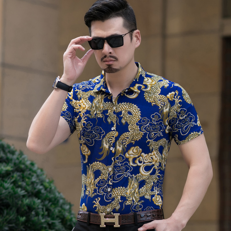 Summer Dragon Print Men's Shirt Short-sleeved Middle-aged Dad Grandpa Retro Shirt Thin Casual Men's Foreign Trade