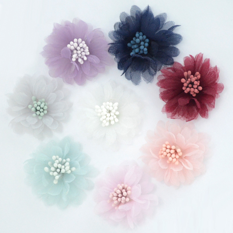 Korean version of mesh fabric with flower core 4cm flower handmade DIY beach shoes bag hair accessories accessories