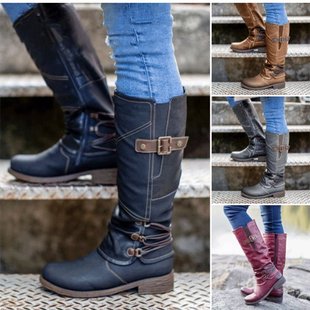 Cross-border Foreign Trade Long Boots 2020 Winter New European and American Large Size Side Zipper Belt Buckle High Barrel Knight Boots for Women