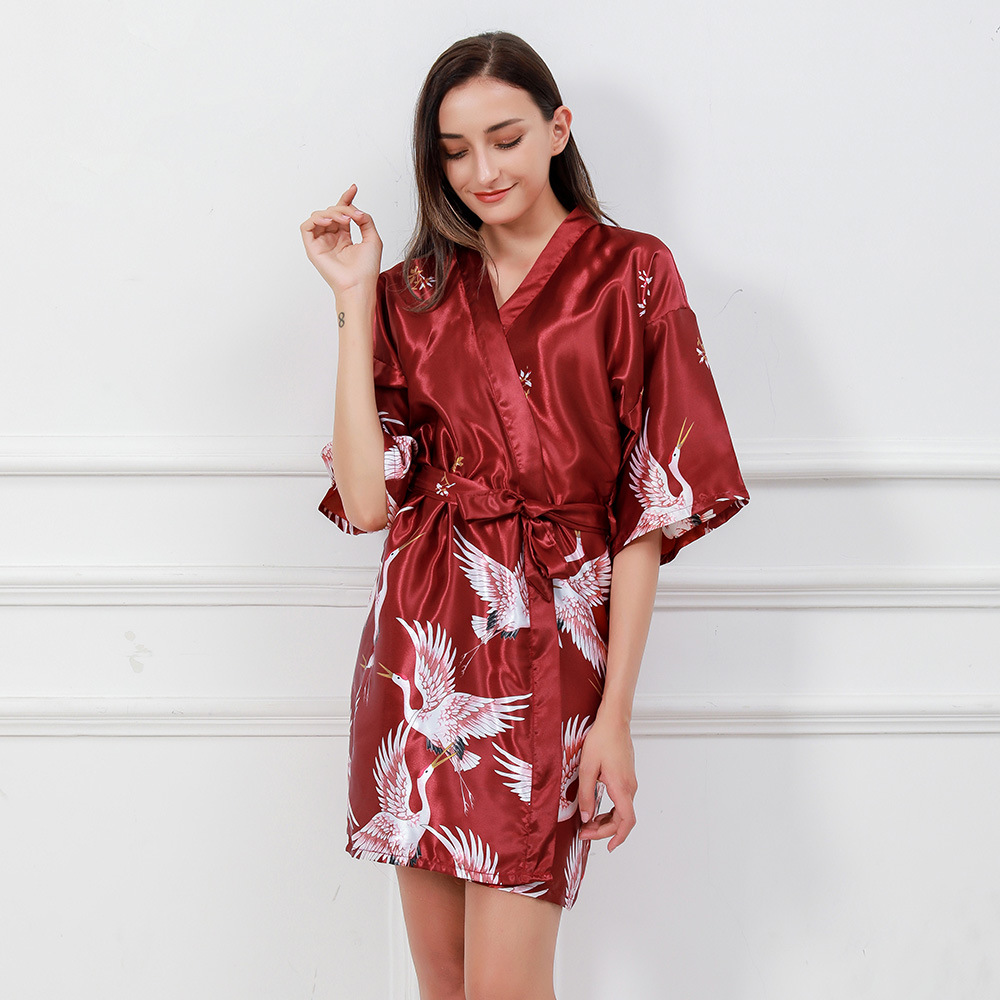 Amazon 2020 Summer Silk-like Women's Nightgown Cross-border Crane Short Printed Pajamas Women's Bathrobe Morning Gown